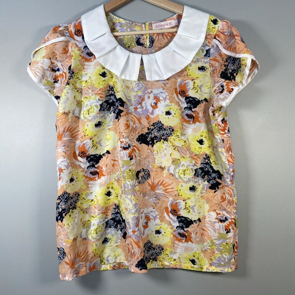 Allegra K Floral Cap Sleeve Ruffle Peter Pan Collar Top Blouse Size L Cottage